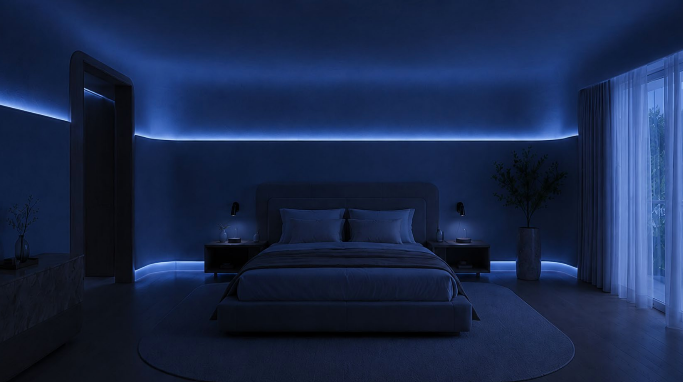 Guest suite at night carrying the same sensory language at 22:00