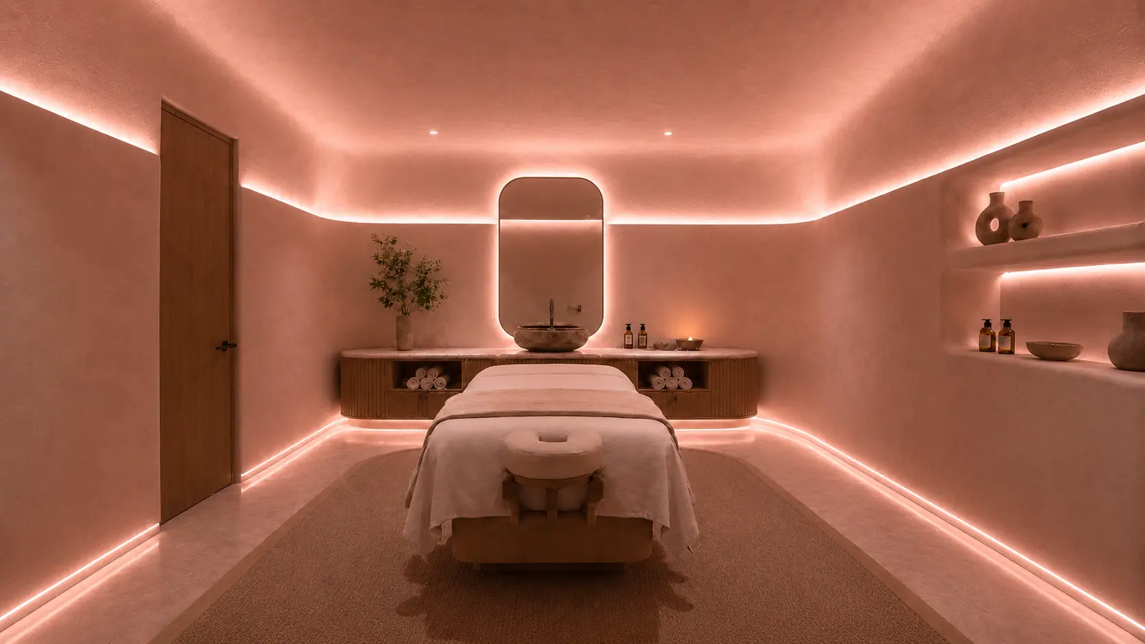 Parlour Cashmere Blush — a treatment room in muted rose, soft blush and warm shadow