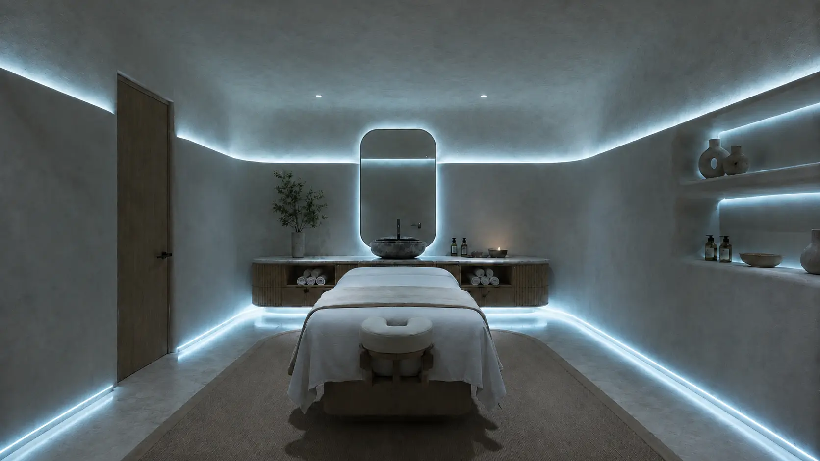 Parlour Azure Waters — a treatment room in desaturated azure and cool blue