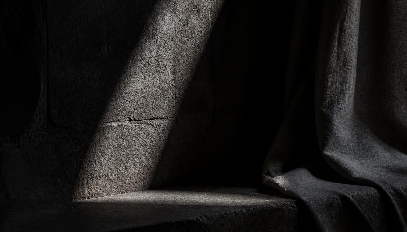 Pale light crossing a textured stone wall and heavy linen