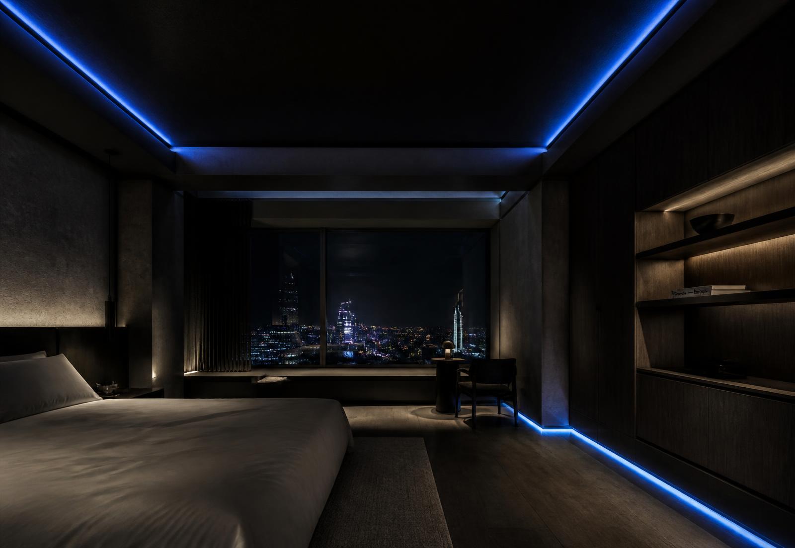 A darkened suite interior at night